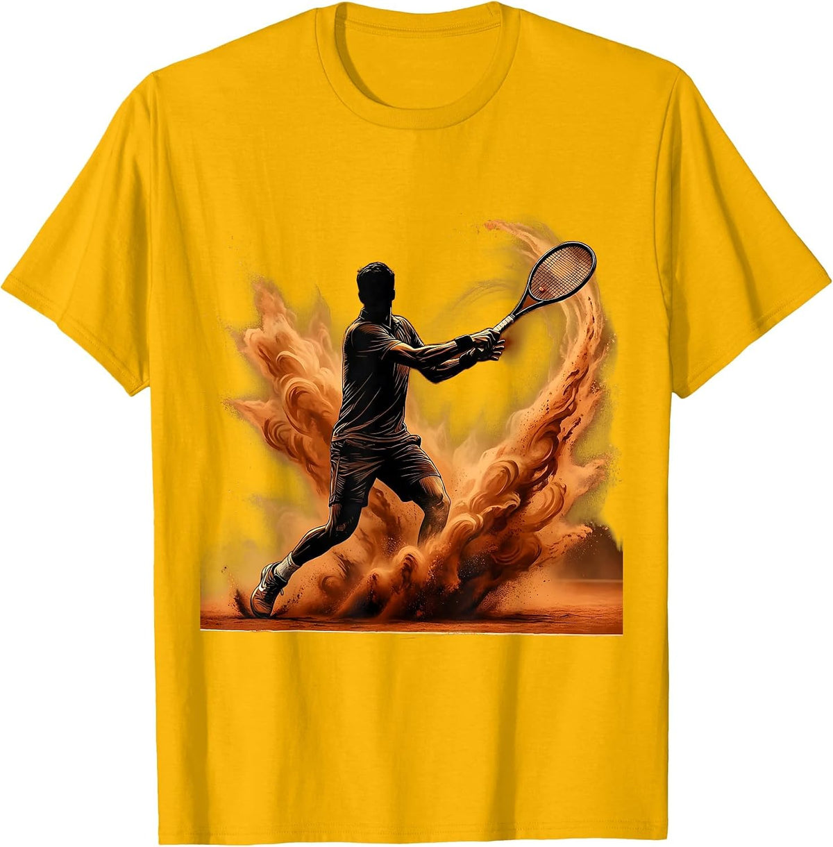 Men's Clay Court Tennis Player Dust Cloud Illustration T-Shirt - Golden Yellow
