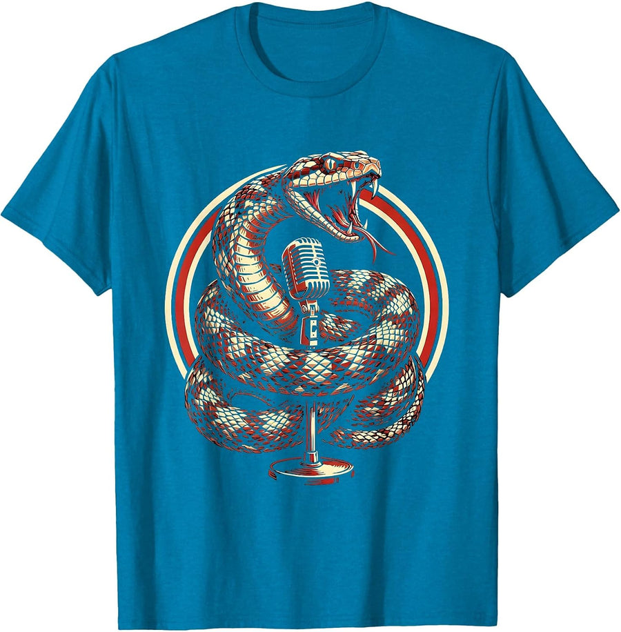 Punk Snake Coiled Around Microphone Stand T-Shirt - Sapphire Blue