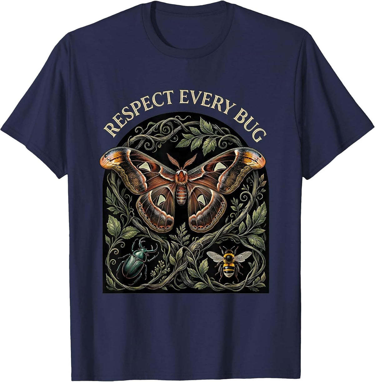 Respect Every Bug Whimsical Entomology Bug Collector Nature T-Shirt - Navy Blue
