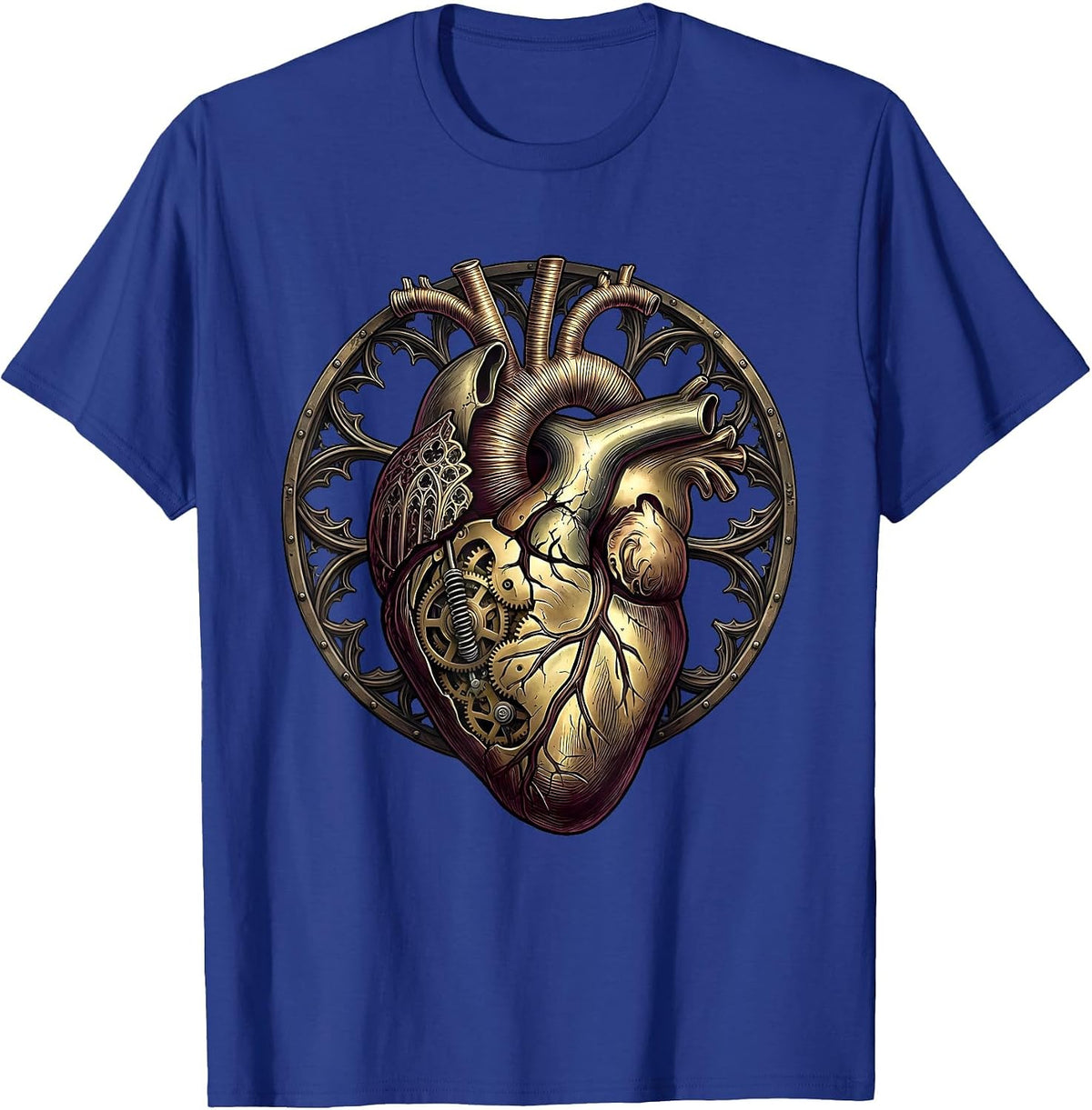 Steampunk Brass Clockwork Heart Exposed Gears T-Shirt - Royal Blue