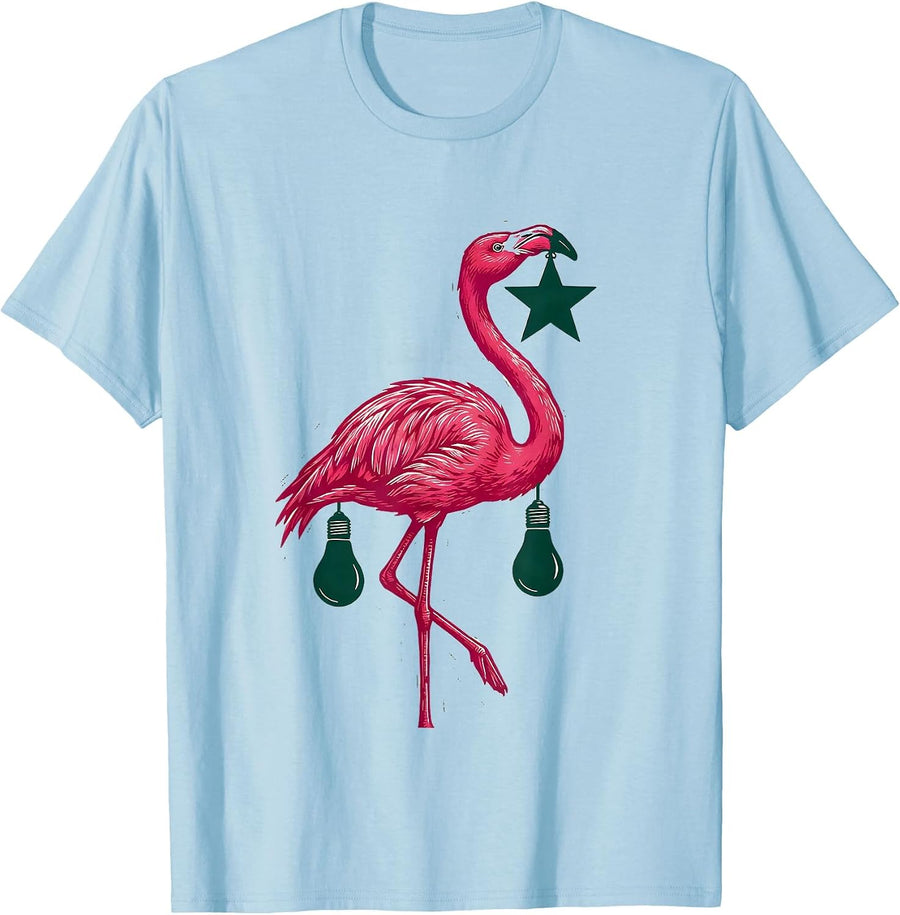 Men's Pink Flamingo Star Ornament Linocut Holiday Humor T-Shirt - Baby Blue