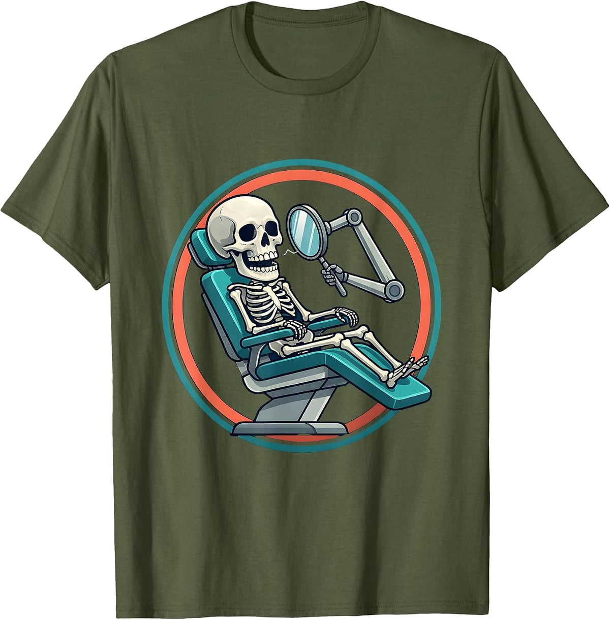 Skeleton Dentist Chair Radiology Illustration T-Shirt - Olive Green