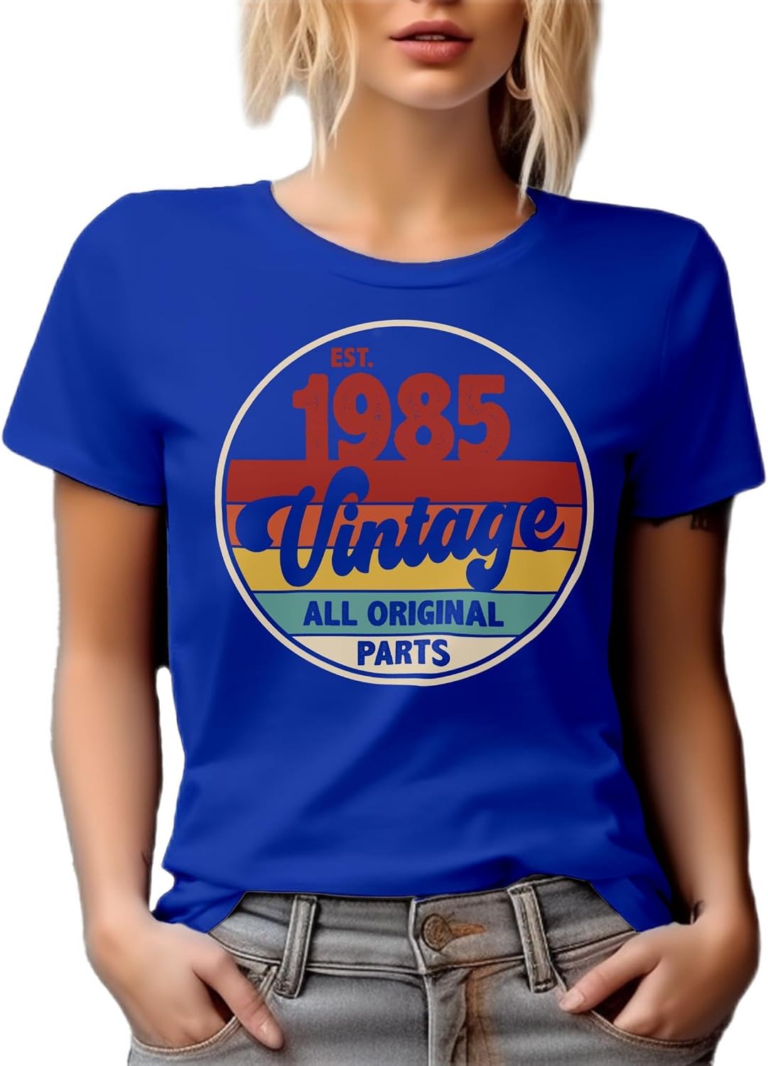 Vintage Est. 1985, All Original Parts White Graphic Tshirt - Royal Blue