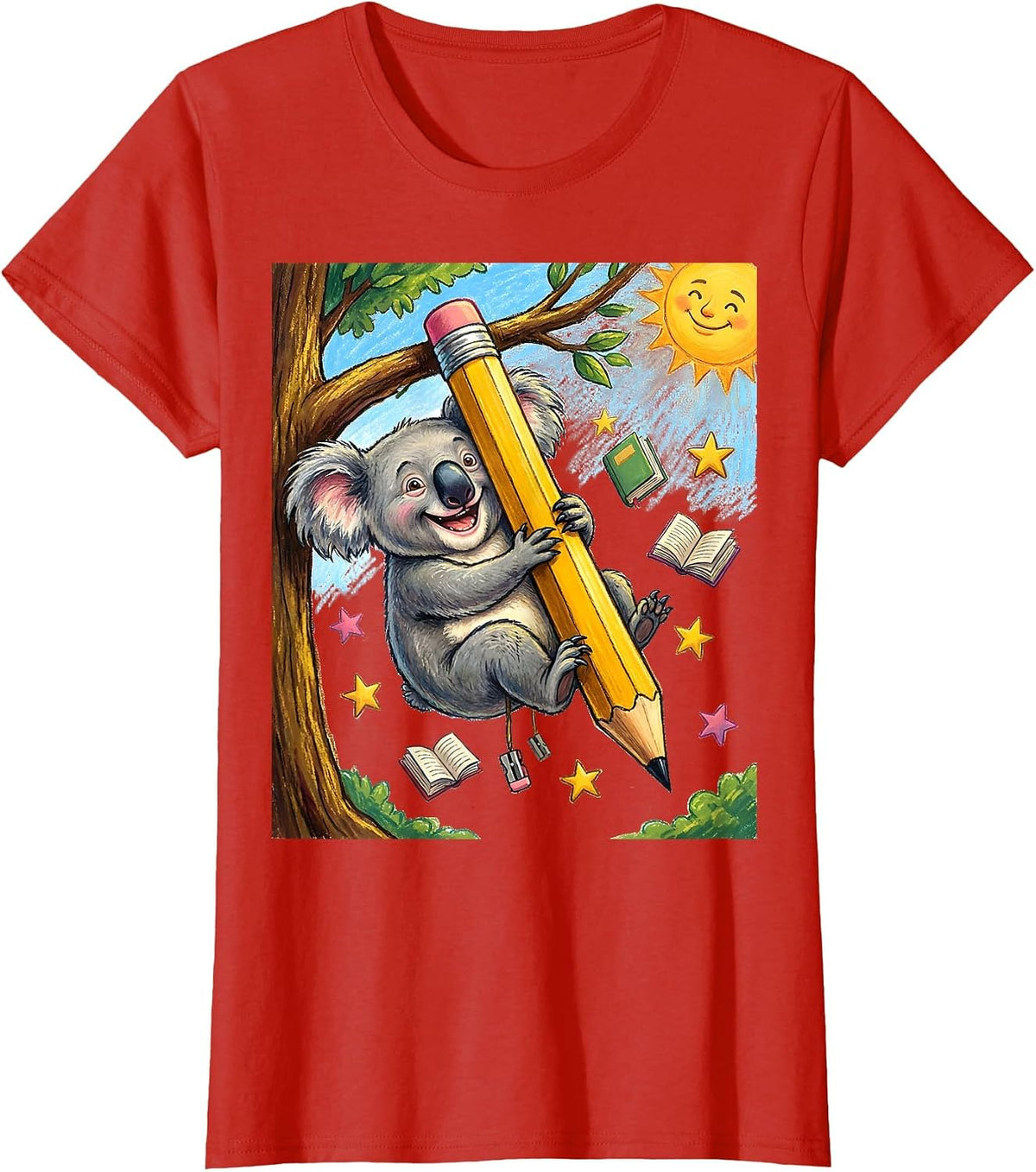 Koala on Pencil Back to School Kids Graphic T-Shirt - Red