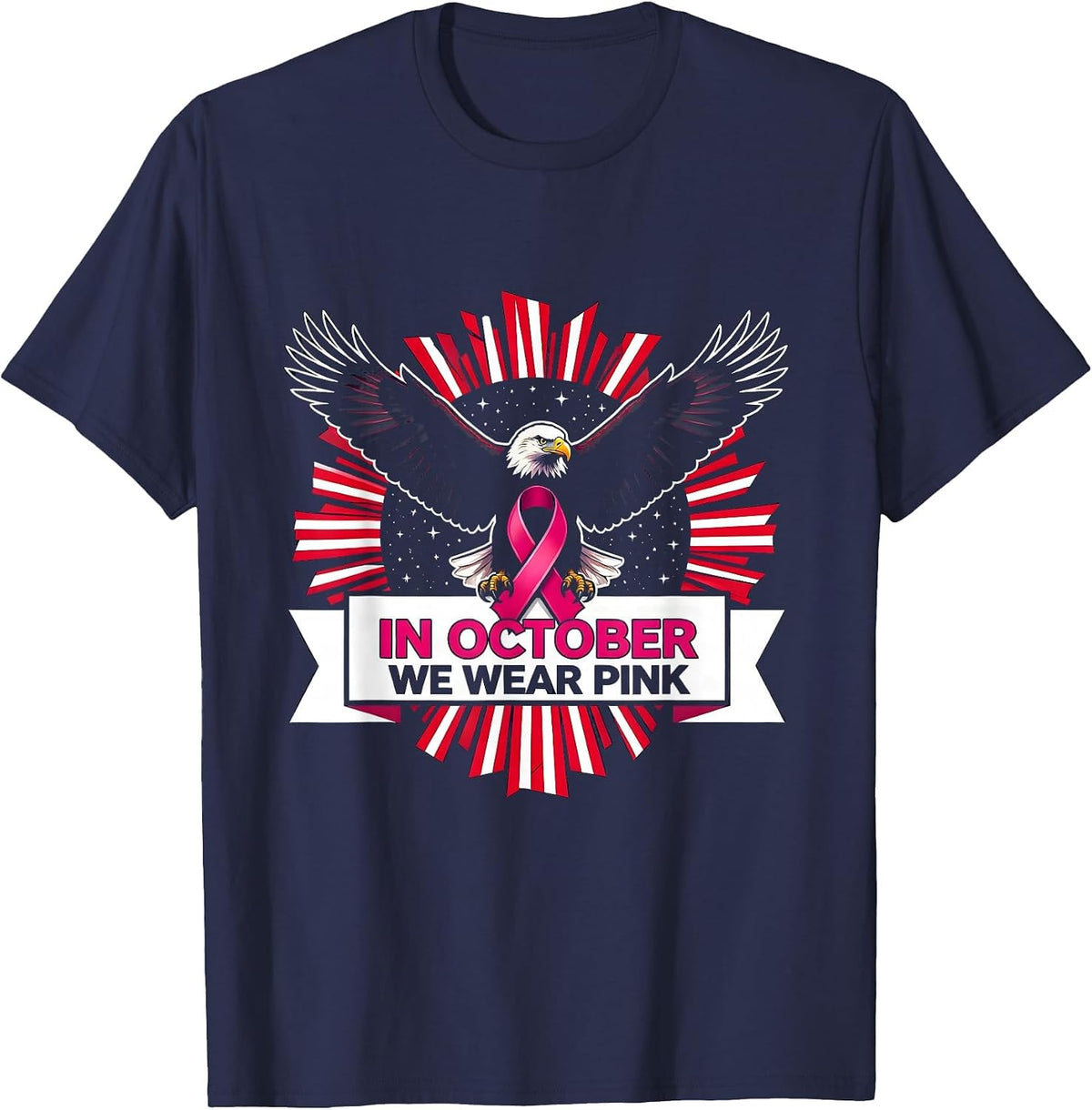 Men's In October We Wear Pink Patriotic Eagle Breast Cancer T-Shirt - Navy Blue