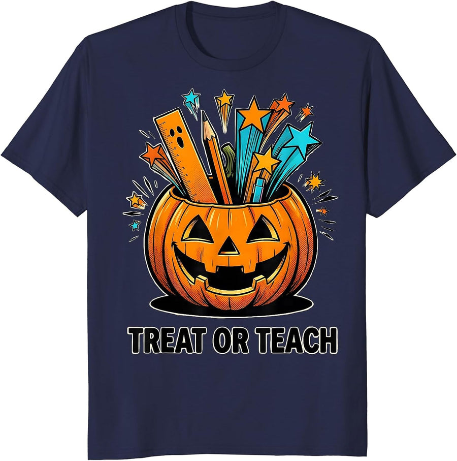 Treat or Teach Pop Art Teacher Halloween Classroom Ghost T-Shirt - Navy Blue