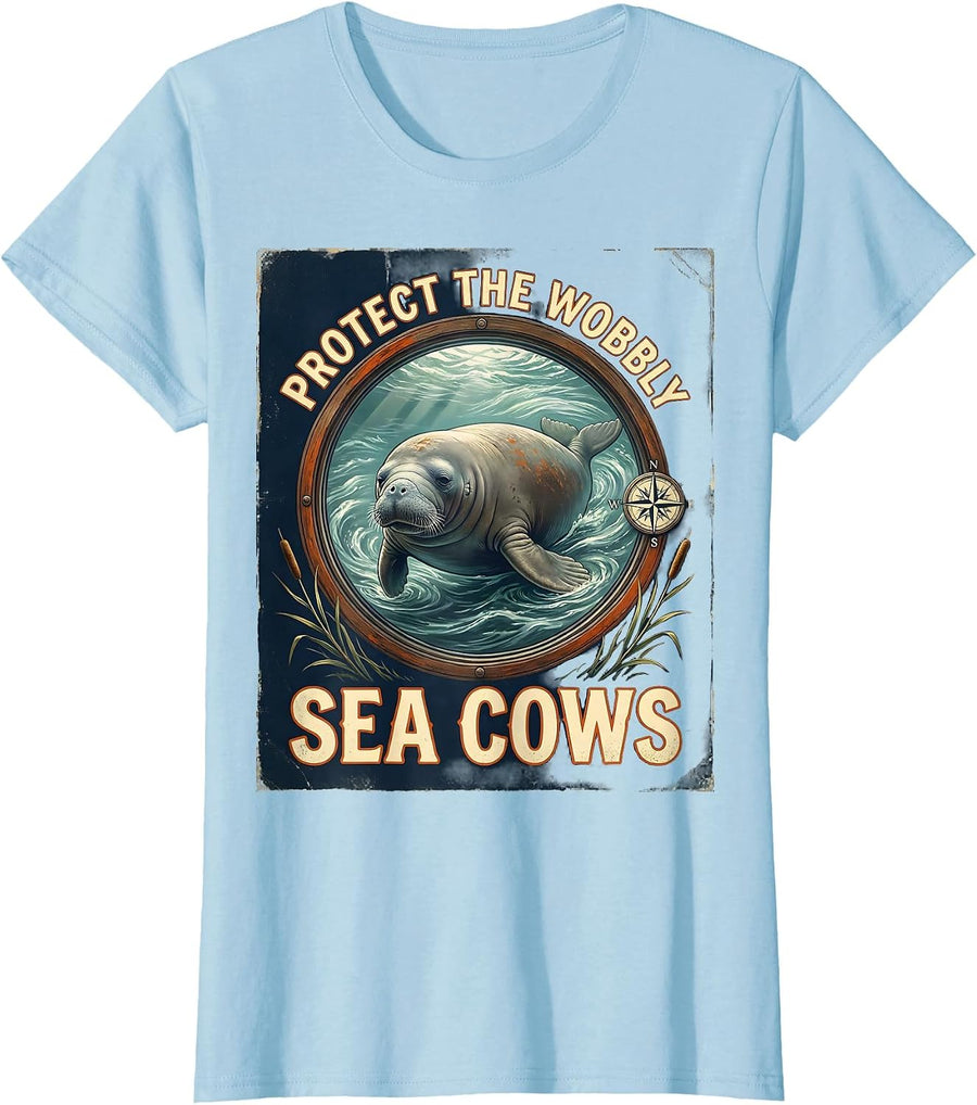 Women's Protect The Wobbly Sea Cows Vintage Manatee Lover Crystal T-Shirt - Baby Blue