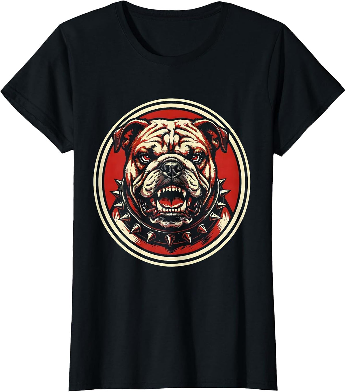 Punk Rock Snarling Bulldog Studded Collar Design T-Shirt - Black
