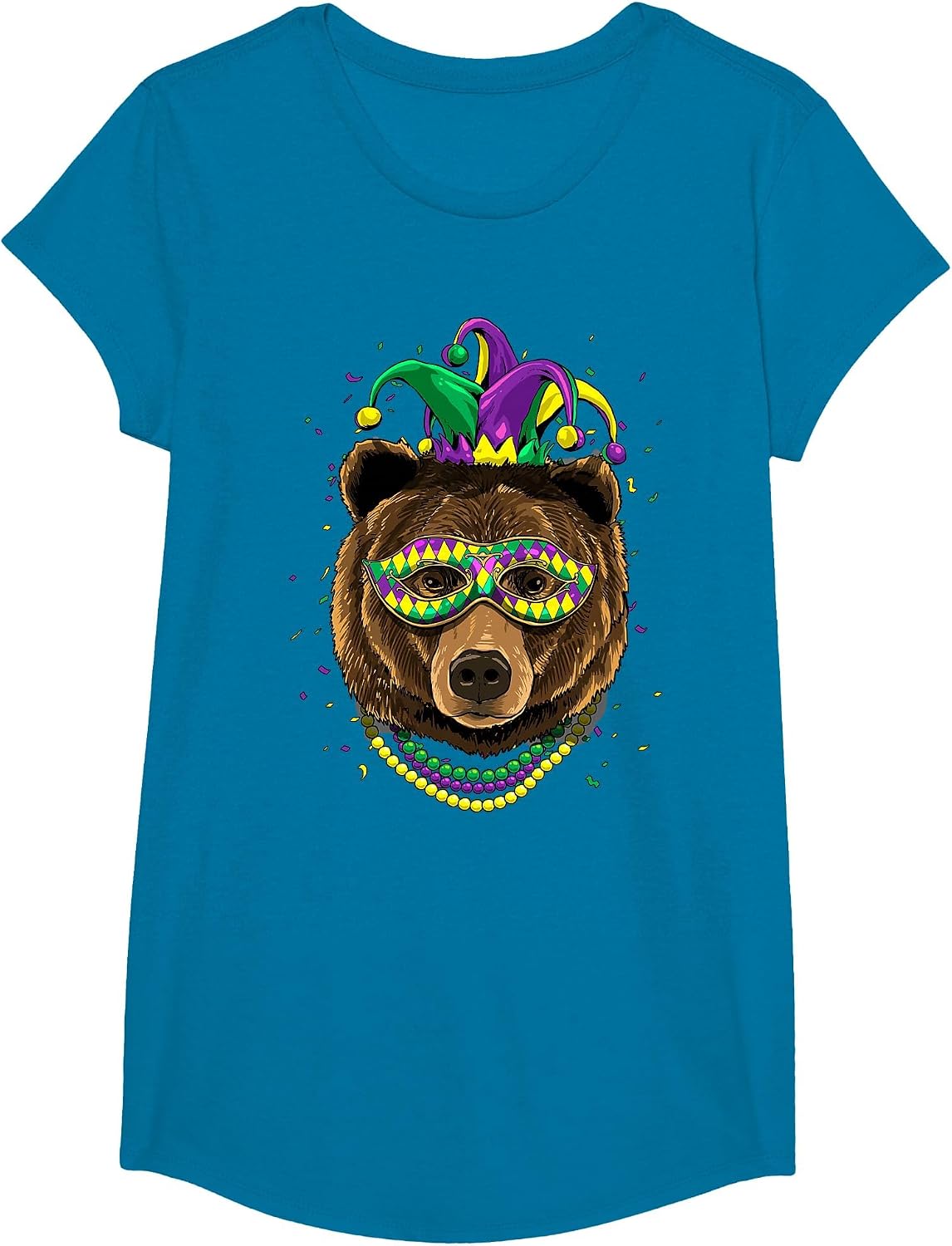 Bear Animal Lover Cute Mardi Gras Carnival Jester T-Shirt, Girls, Sapphire Blue, Medium - As Pictured