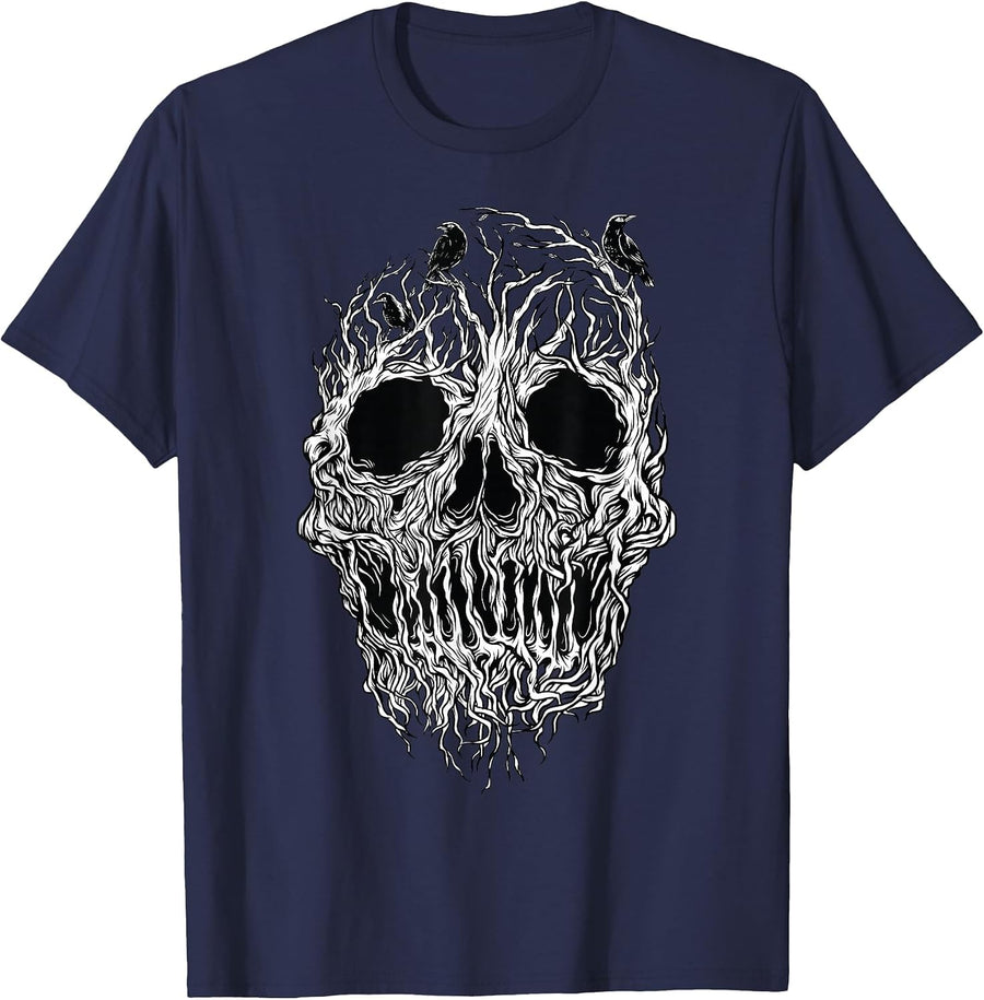 Skull Root Tree Crow Bird Raven for Lovers T-Shirt - Navy Blue