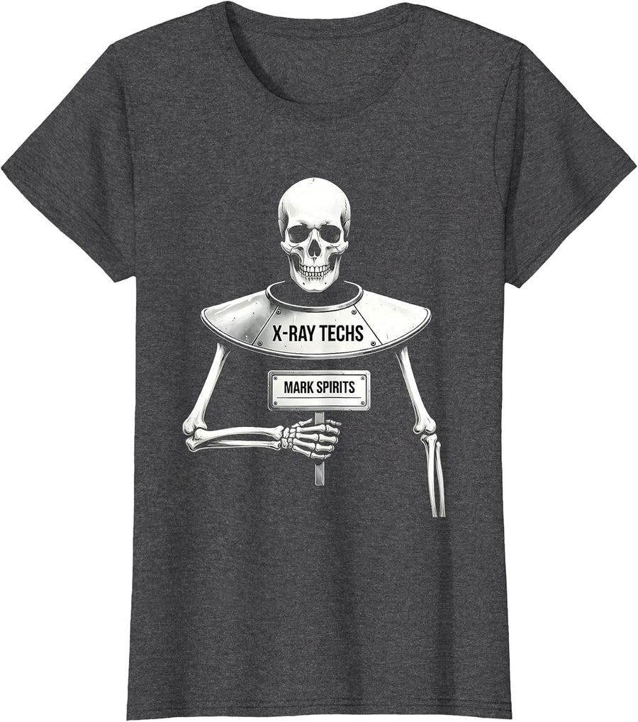 Women's X-Ray Techs Mark Spirits Funny Radiology Ghost Halloween T-Shirt - Dark Heather Grey