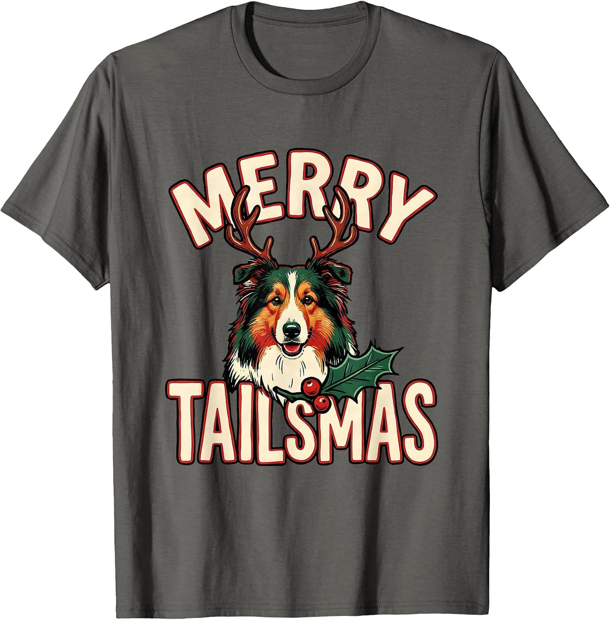 Men's Merry Tailsmas Funny Collie Christmas Dog Lover Gift T-Shirt - Asphalt Grey