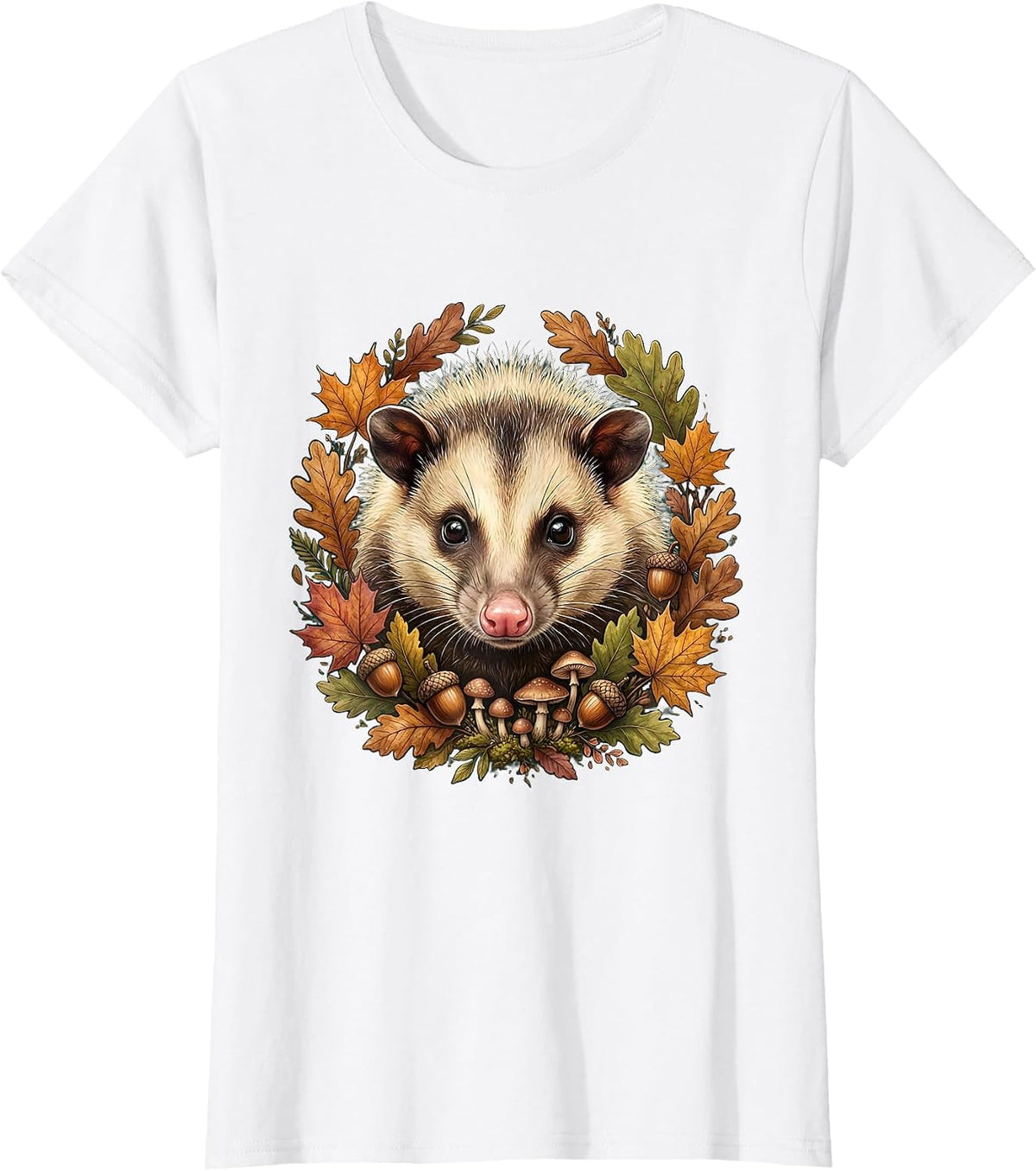 Women's Autumn Opossum Close-Up Fall Wildlife Illustration T-Shirt - White