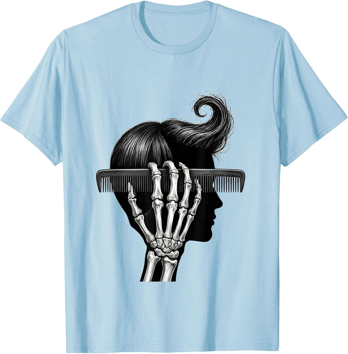 Men's Raised Comb Skeleton Hairstylist Halloween Humor T-Shirt - Baby Blue