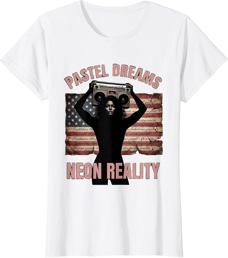 Women's Pastel Dreams Neon Reality 80s Retro Design T-Shirt - White