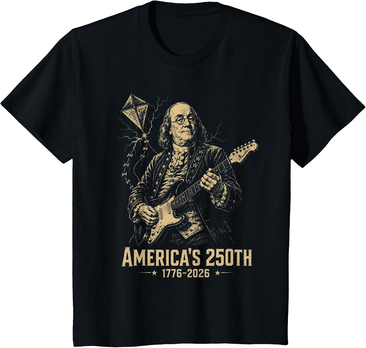 Ben Franklin Playing Electric Guitar America's 250th T-Shirt - Black