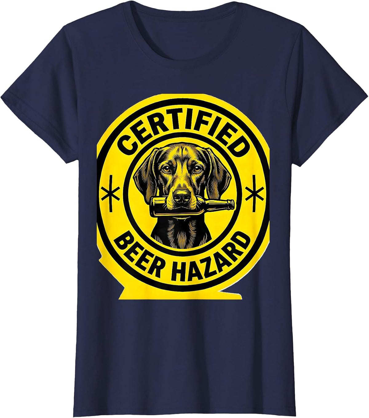 Women's Certified Beer Hazard Stencil Vizsla Dog Meme Humor T-Shirt - Navy Blue