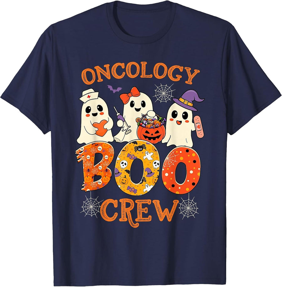 Oncology Boo Crew Funny Ghost Halloween Spooky Costume Nurse T-Shirt - Navy Blue