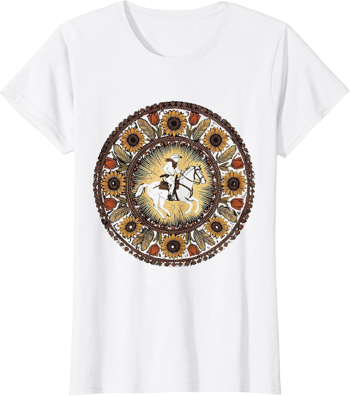 Cowgirl Silhouette Riding Horse at Dusk T-Shirt - White
