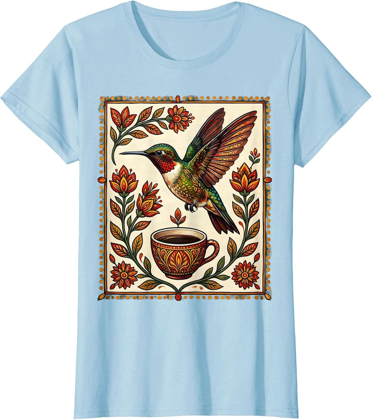 Women's Hummingbird Espresso Coffee Lover Graphic Tee T-Shirt - Baby Blue