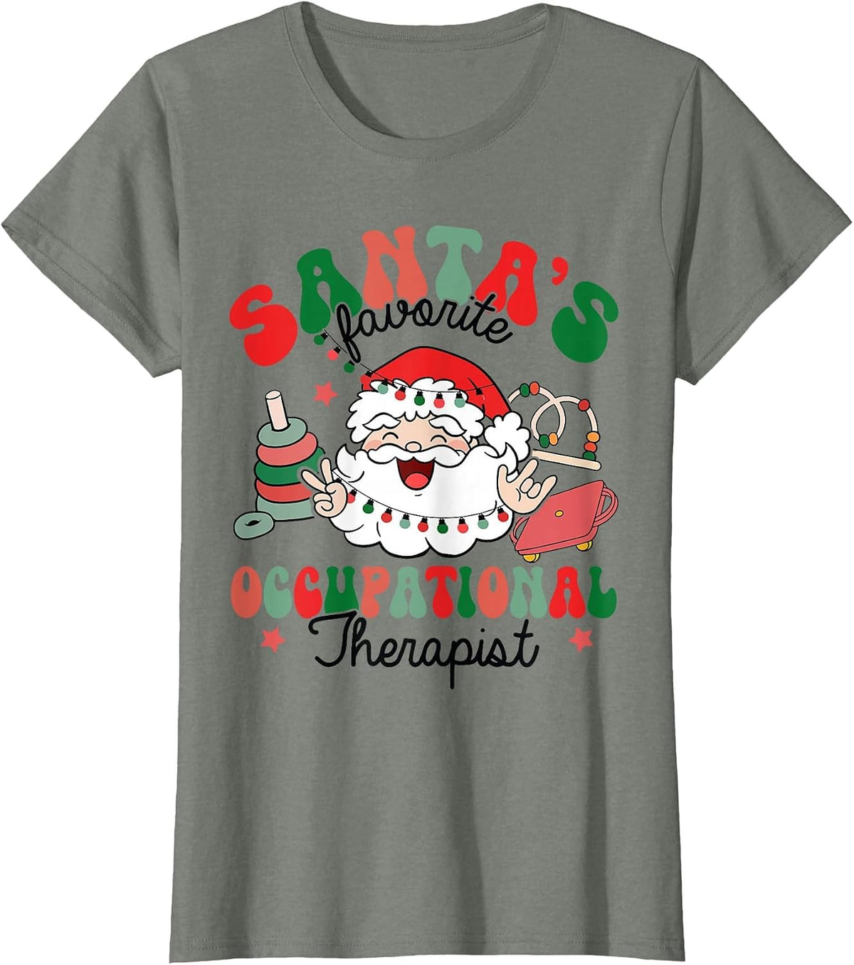 Santa's Favorite Occupational Therapist Christmas Therapy T-Shirt - Olive Heather