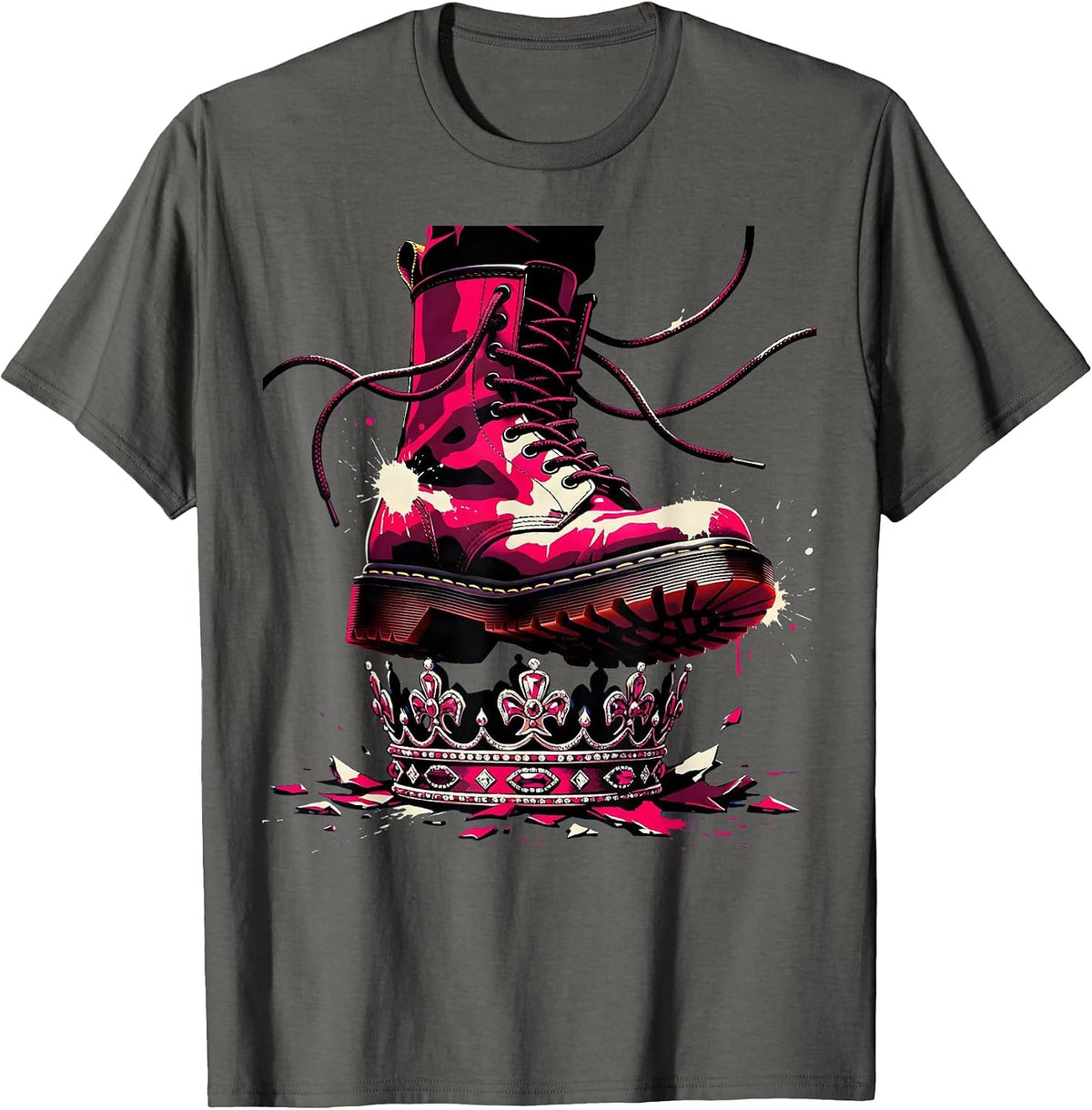 Punk Woman Stomping Crown Paint Splattered Boots T-Shirt - Asphalt Grey