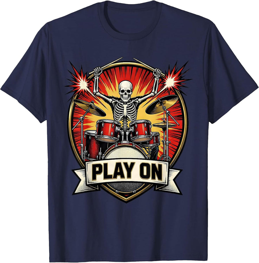 Play On Comic Book Skeleton Drummer Rock Musician Halloween T-Shirt - Navy Blue