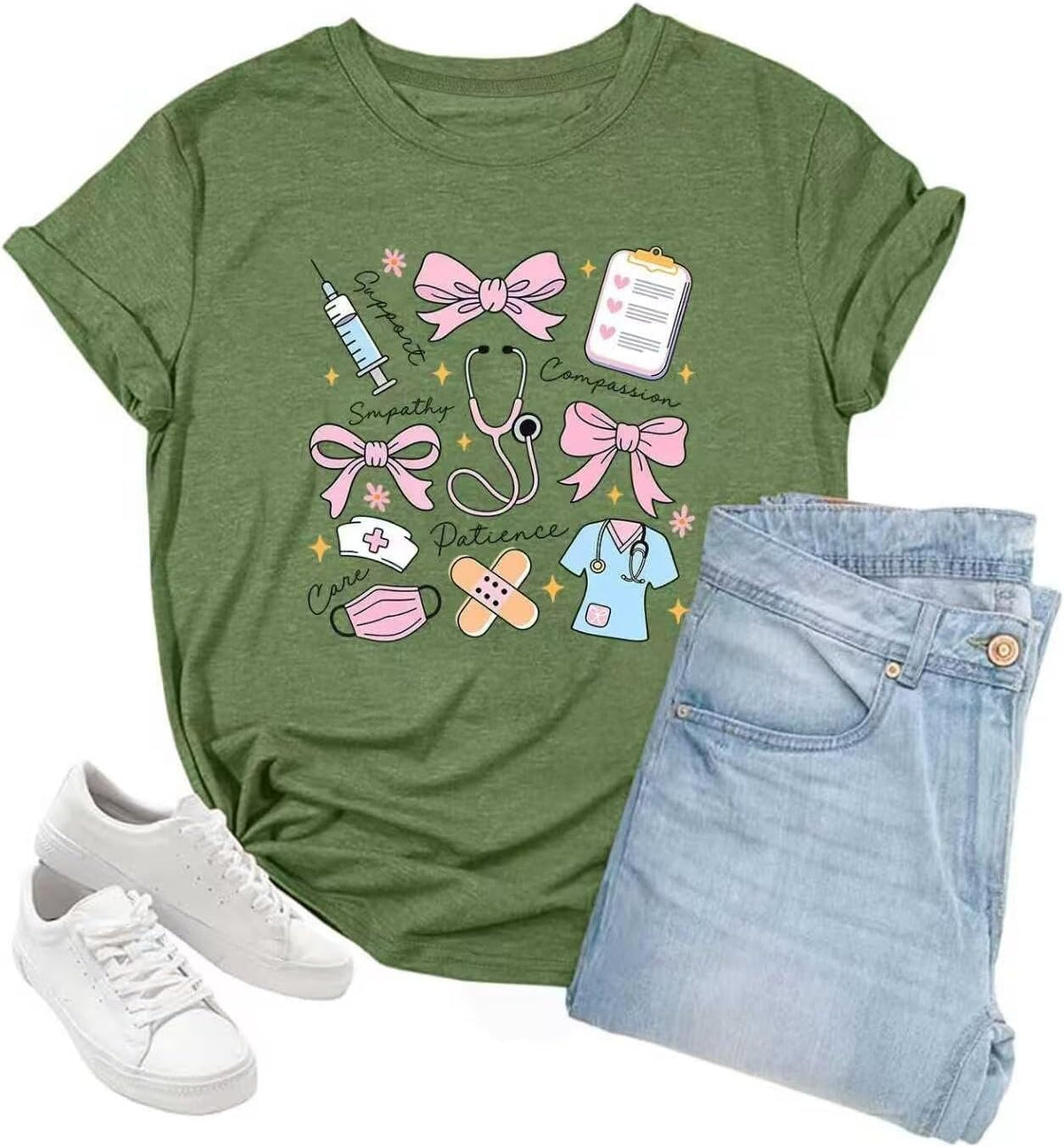 Nurse Shirt for Women School Nurse Gift Cute Crewneck Top Short Sleeve - C-olive Green