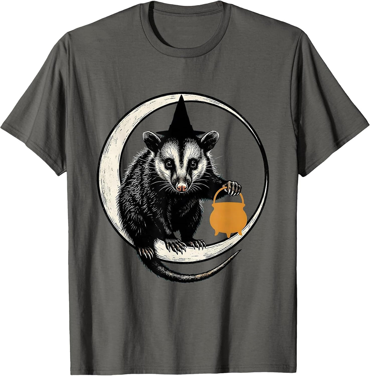Opossum Moon Witch Hat Halloween Spooky Novelty T-Shirt - Asphalt Grey