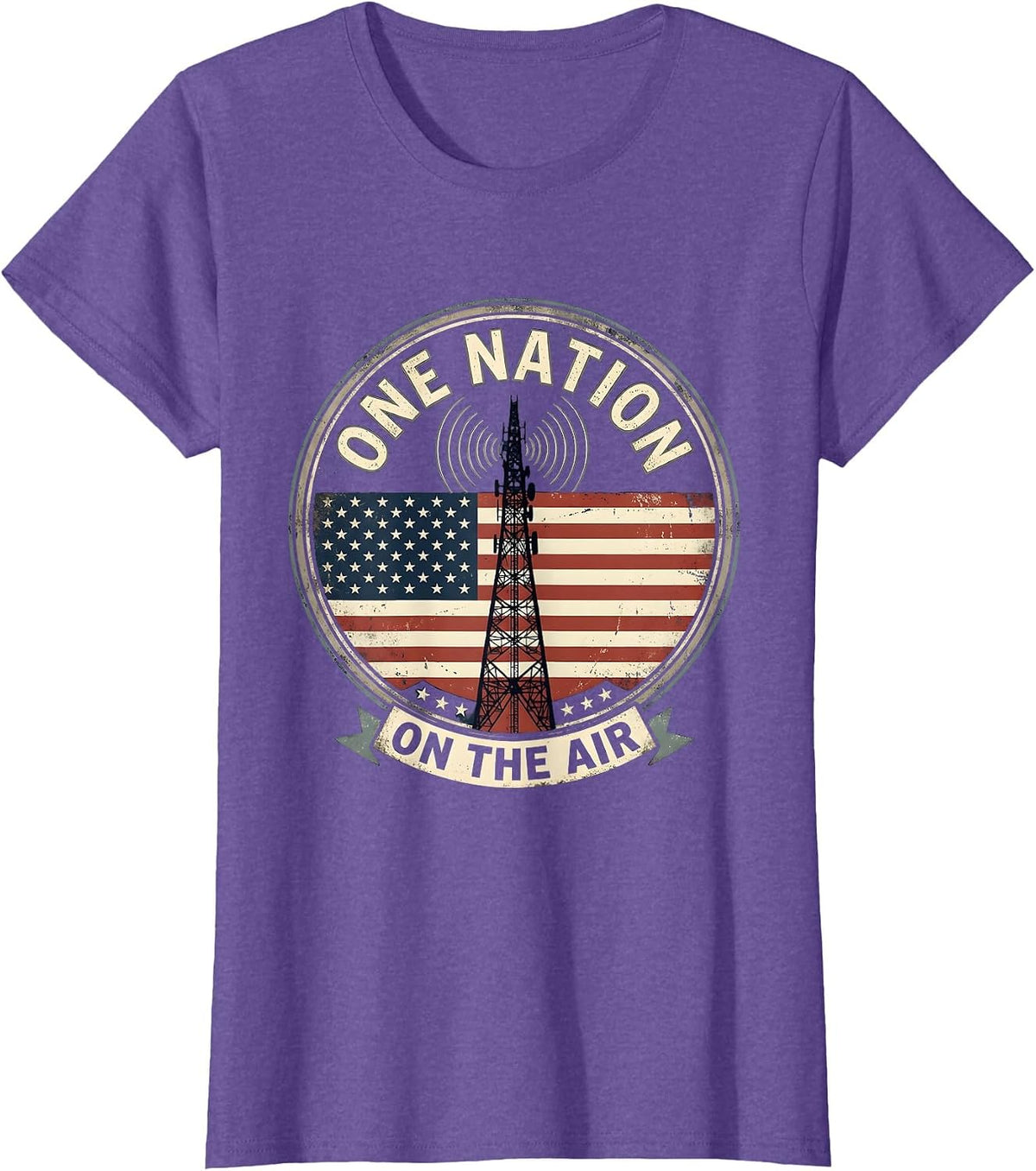 One Nation, On The Air Ham Radio Emblem T-Shirt - Purple Heather