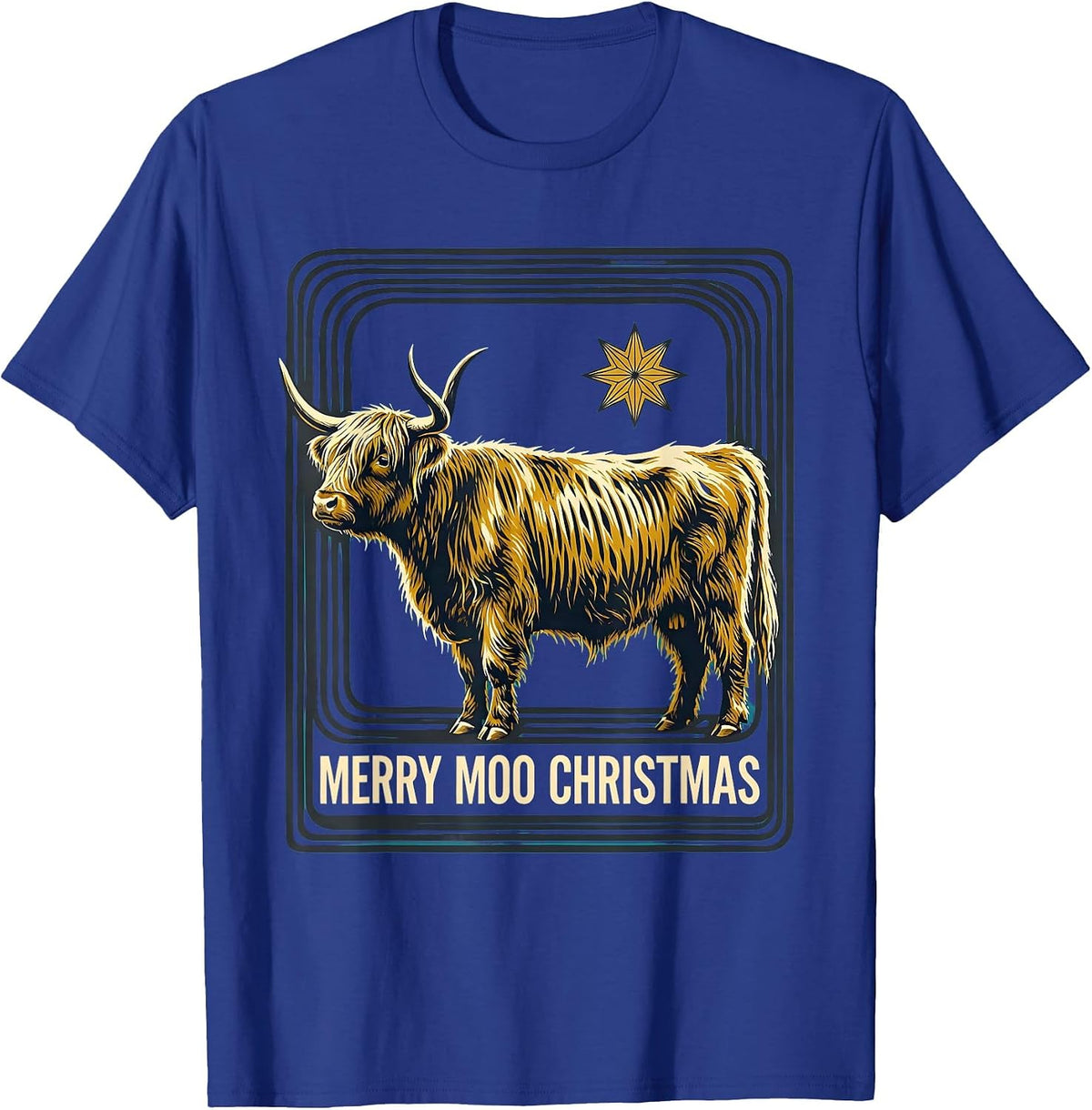 Merry Moo Christmas Midcentury Modern Highland Cow Lover T-Shirt - Royal Blue