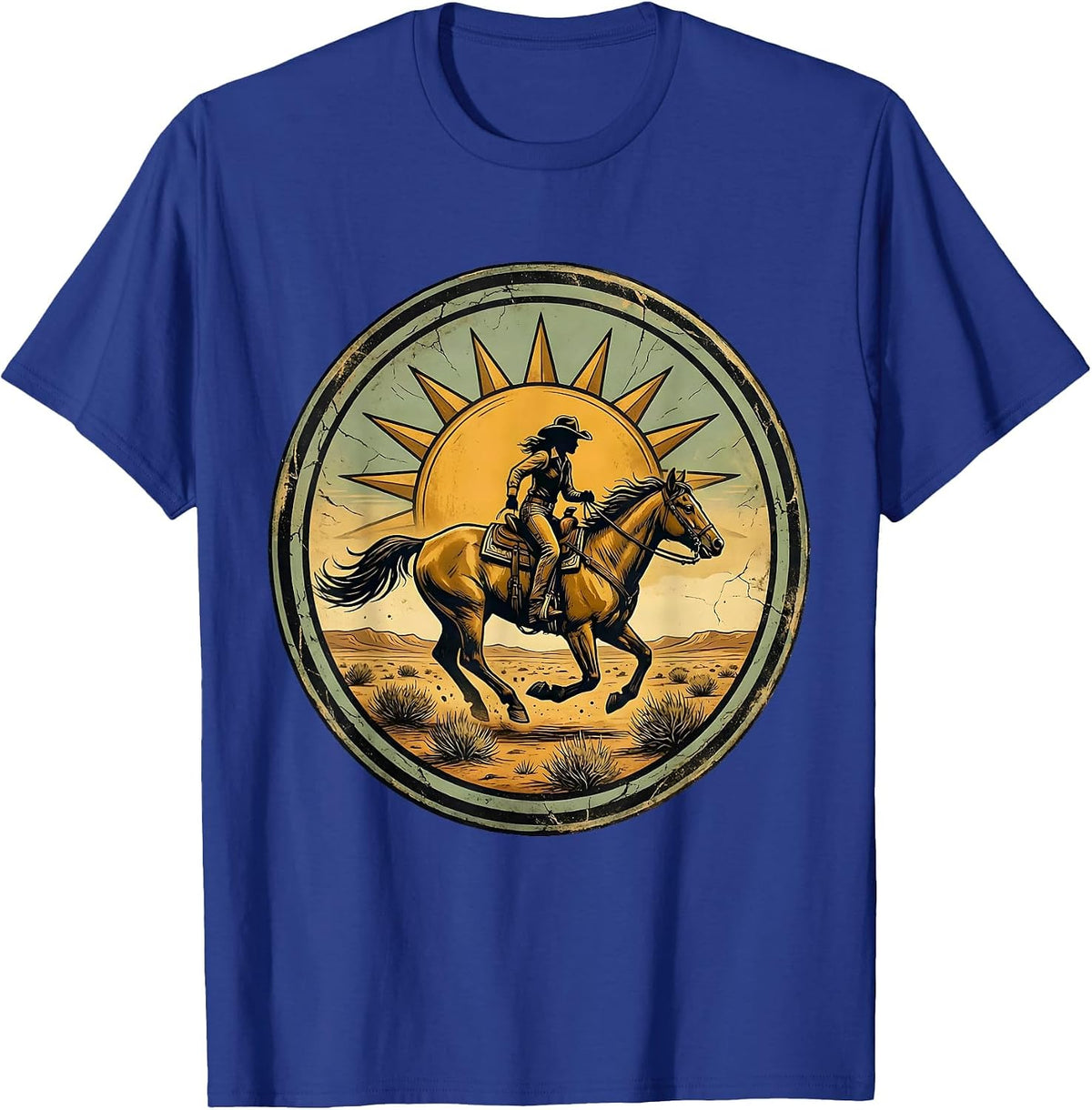 Men's Cowgirl on Horseback Chasing Tumbleweeds T-Shirt - Royal Blue