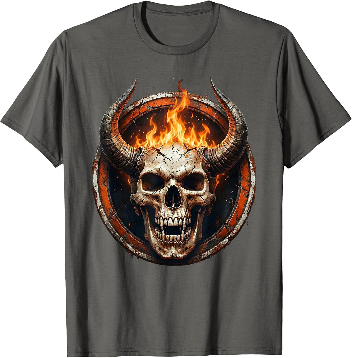 Men's Horned Demon Skull Fire Breathing Dark Art Design T-Shirt - Asphalt Grey
