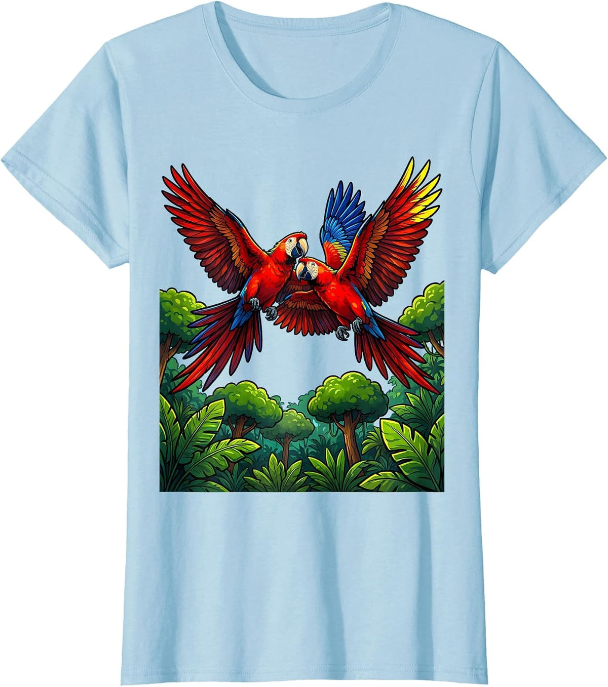Women's Ecuador Macaw Pair Flying Over Jungle Canopy T-Shirt - Baby Blue
