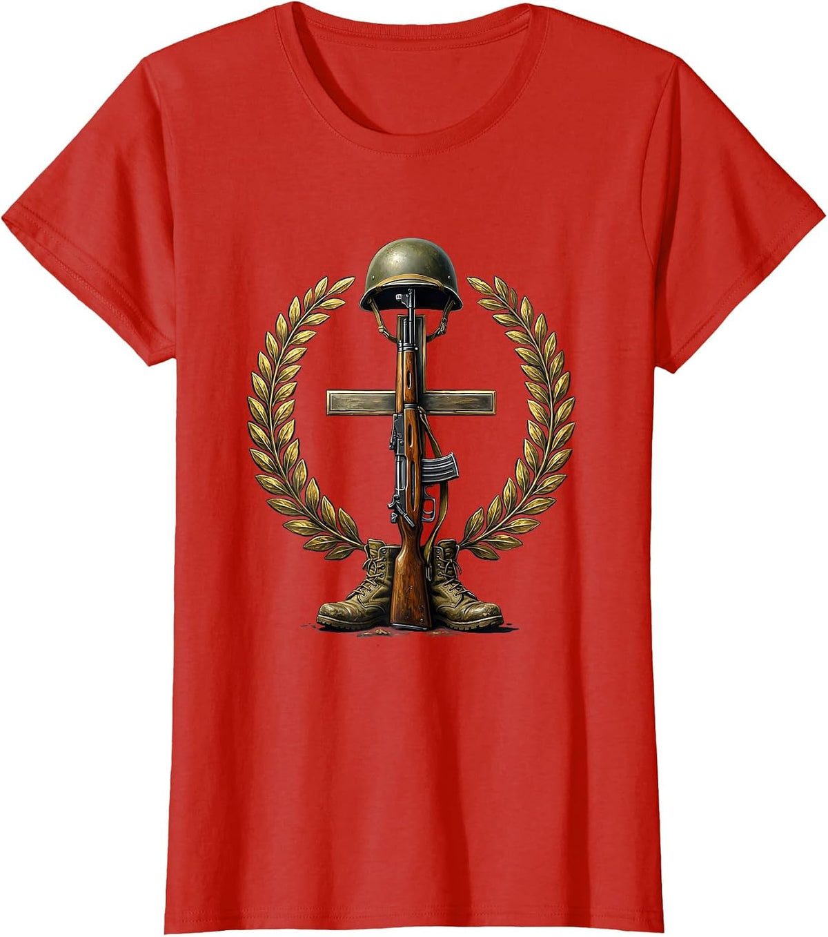 Fallen Soldier Memorial Rifle and Helmet Graphic T-Shirt - Red