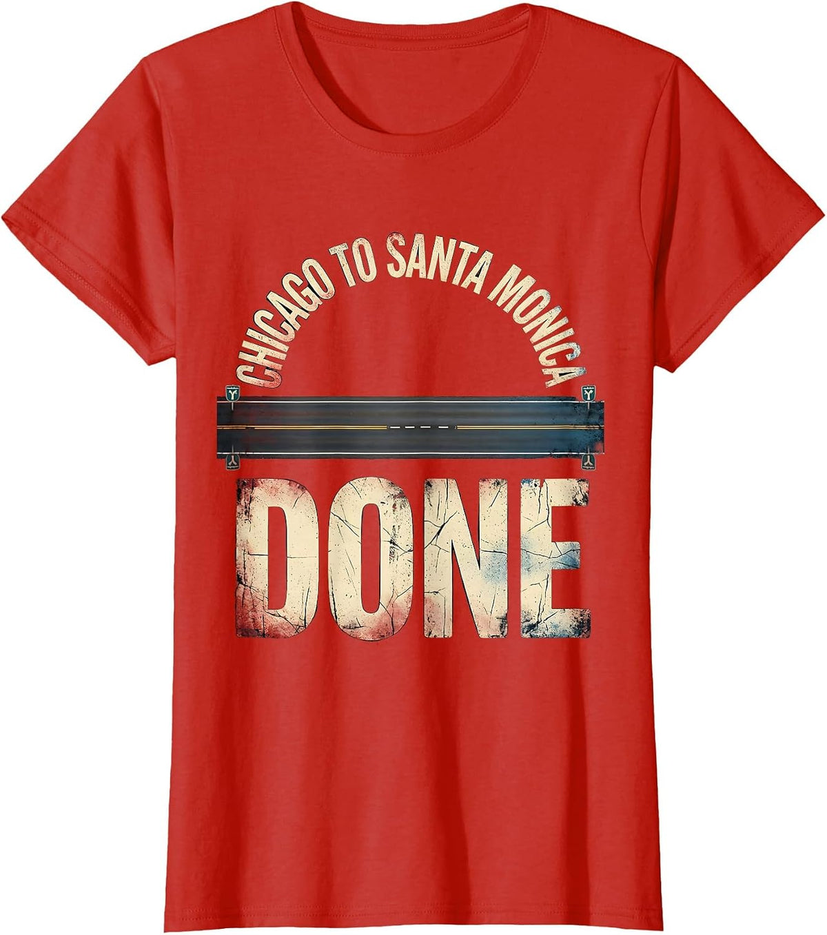 Women's Chicago To Santa Monica, Done Distressed Road Trip Classic T-Shirt - Red