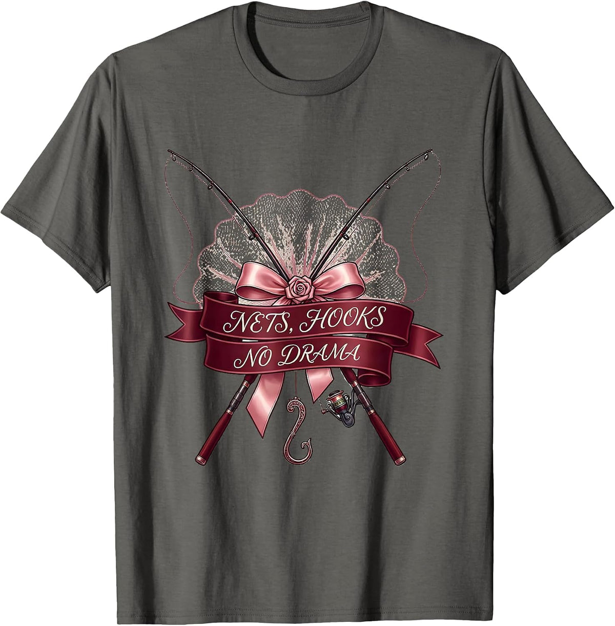 Men's Nets Hooks No Drama Fishing Design T-Shirt - Asphalt Grey