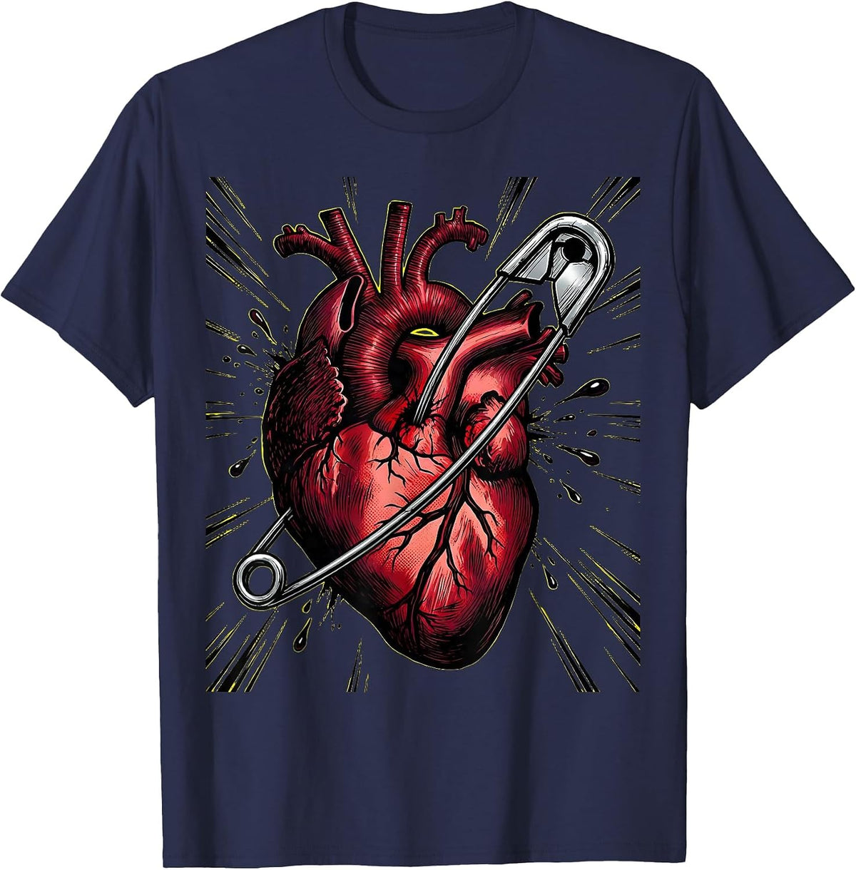 Punk Rock Safety Pin Heart Graphic Tee T-Shirt - Navy Blue