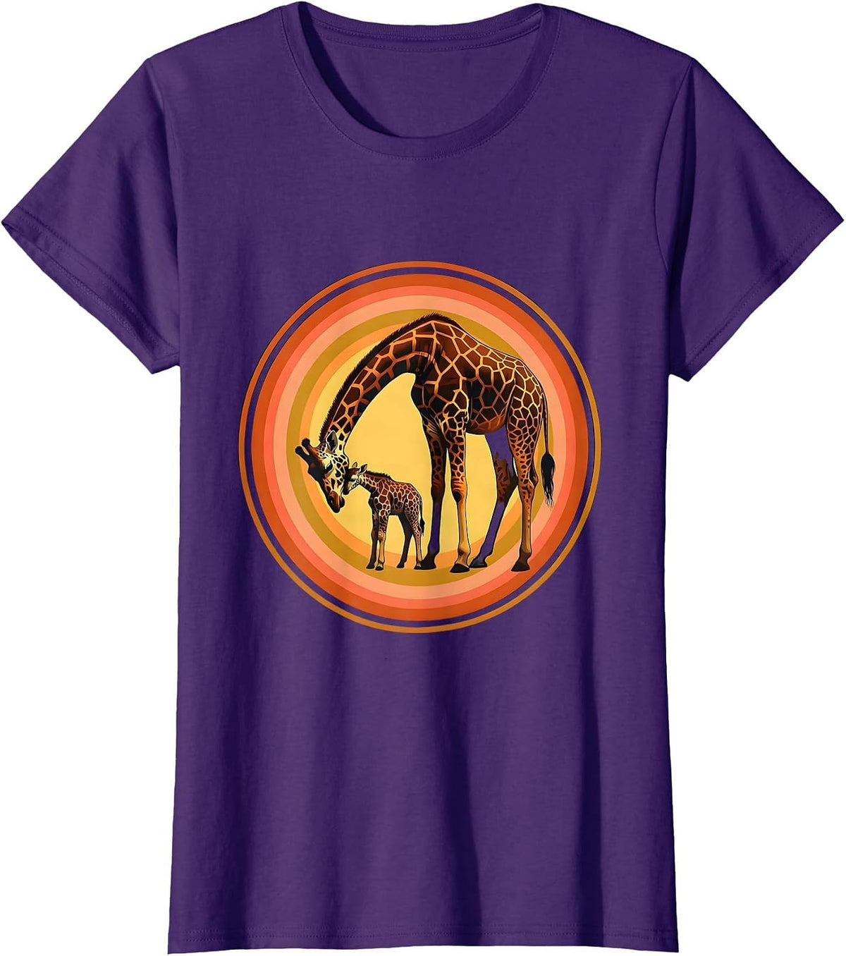 Women's Mother Giraffe and Cub Tender Moment Illustration T-Shirt - Purple