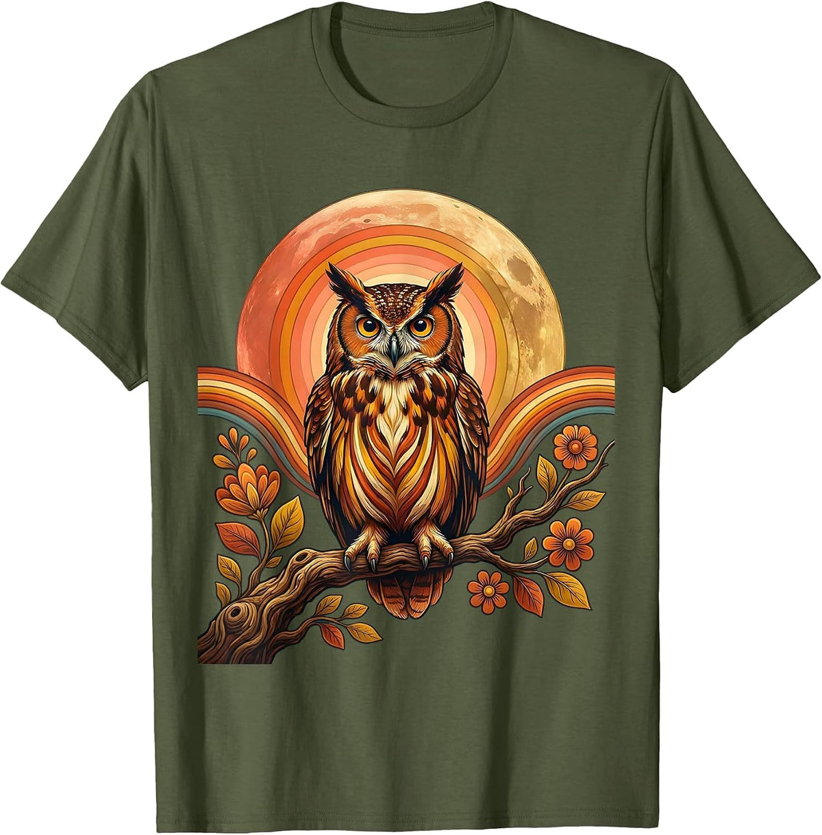 Men's Mexico Owl Moon Night Perched Branch Design T-Shirt - Olive Green