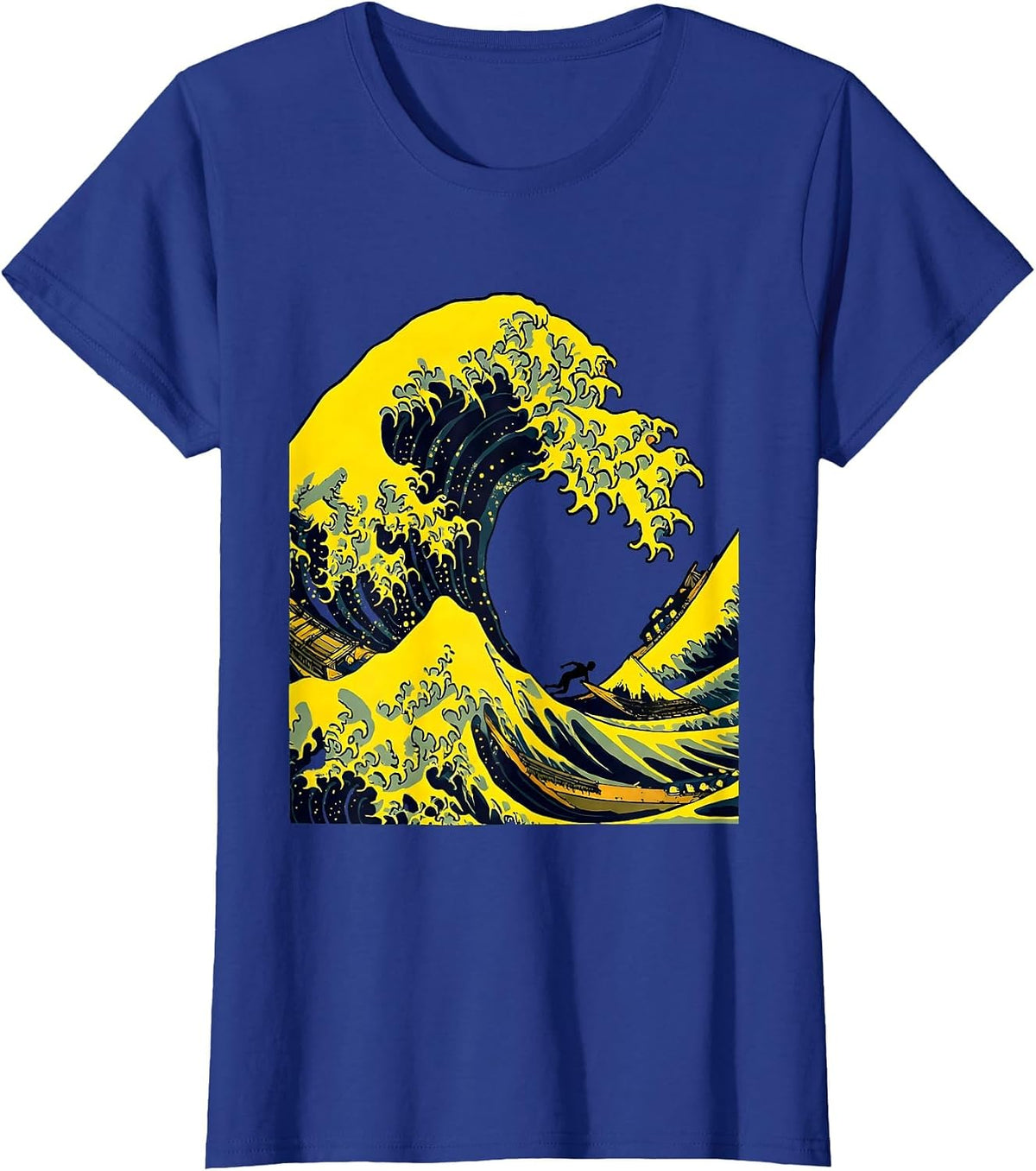 Women's Massive Wave Curling Over Lone Swimmer Graphic T-Shirt - Royal Blue