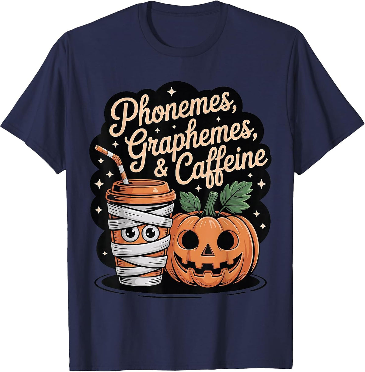 Halloween Teacher Phonemes Graphemes Caffeine Coffee Lover T-Shirt - Navy Blue