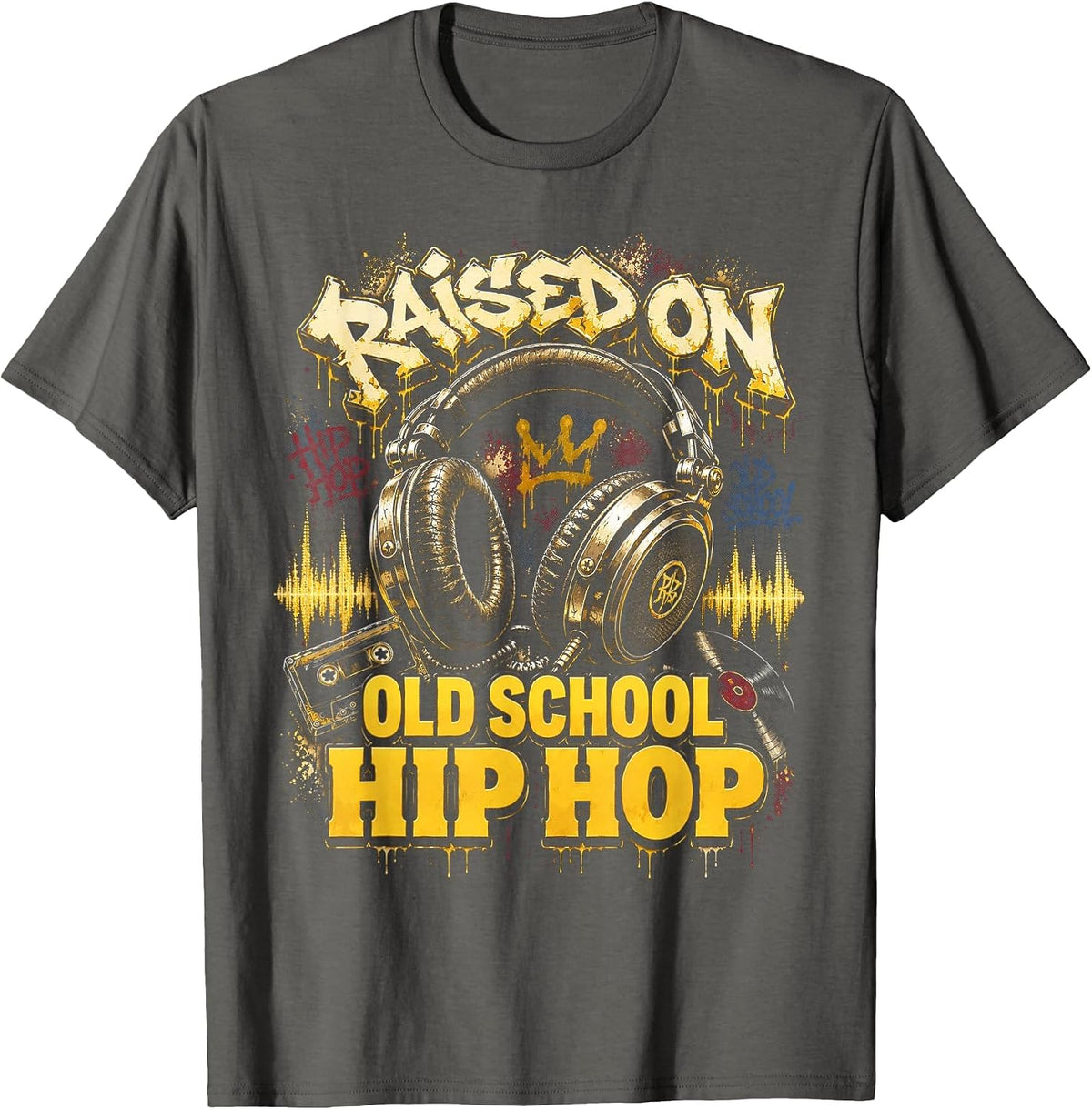 Raised On Old School Hip Hop Cassette Graffiti Rap T-Shirt, Men, Asphalt Grey, Medium - As Pictured