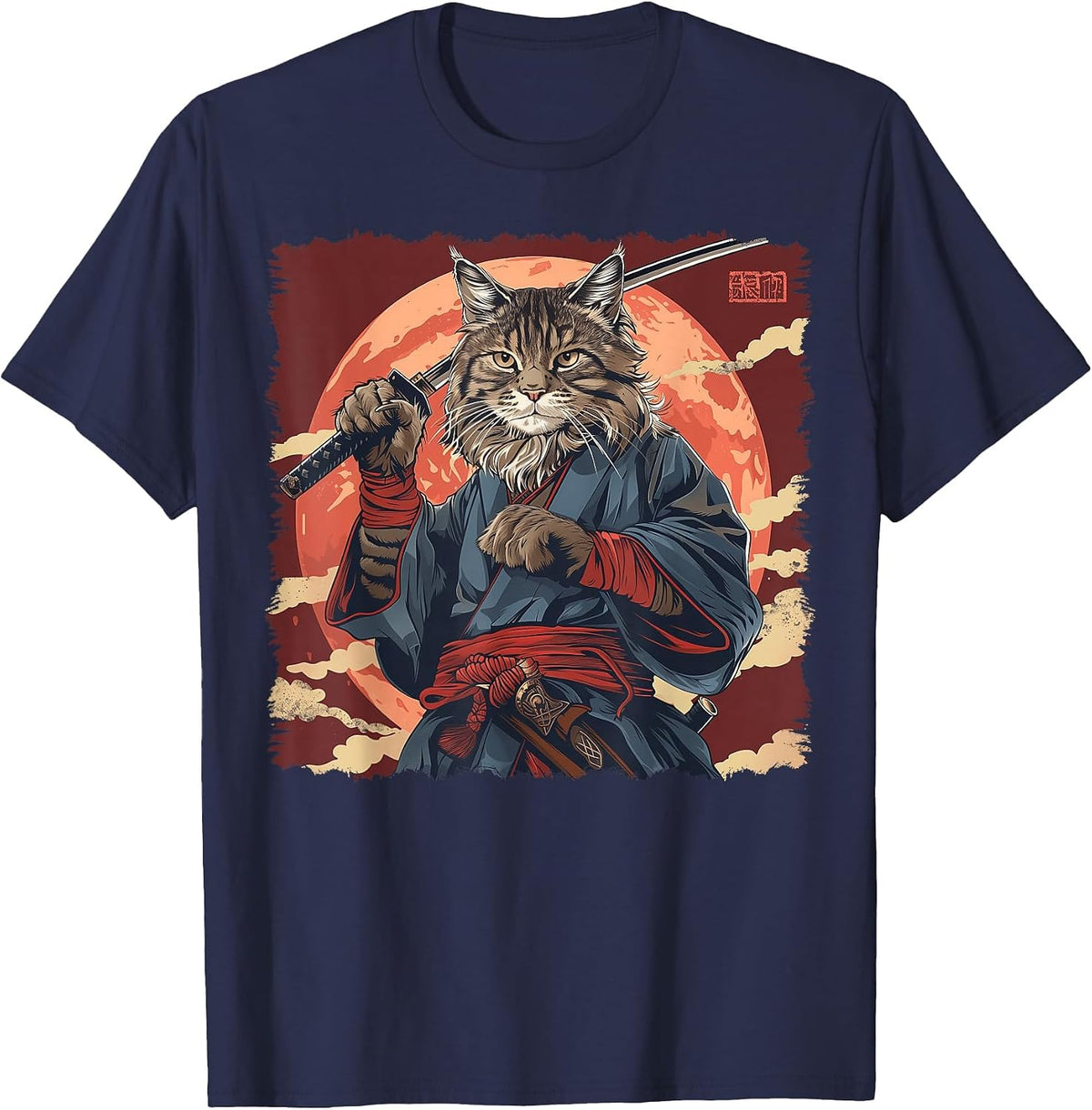 Maine Coon Cat Japanese Art Samurai Ukiyo-e T-Shirt - Navy Blue