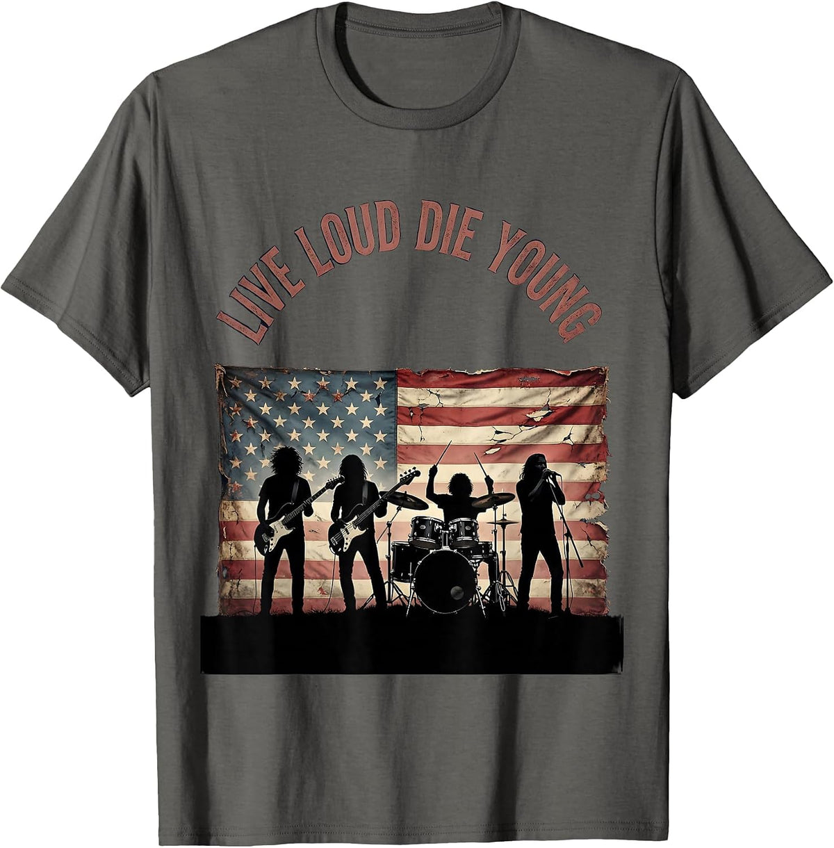 Live Loud Die Young Vintage Rock Band Design T-Shirt - Asphalt Grey