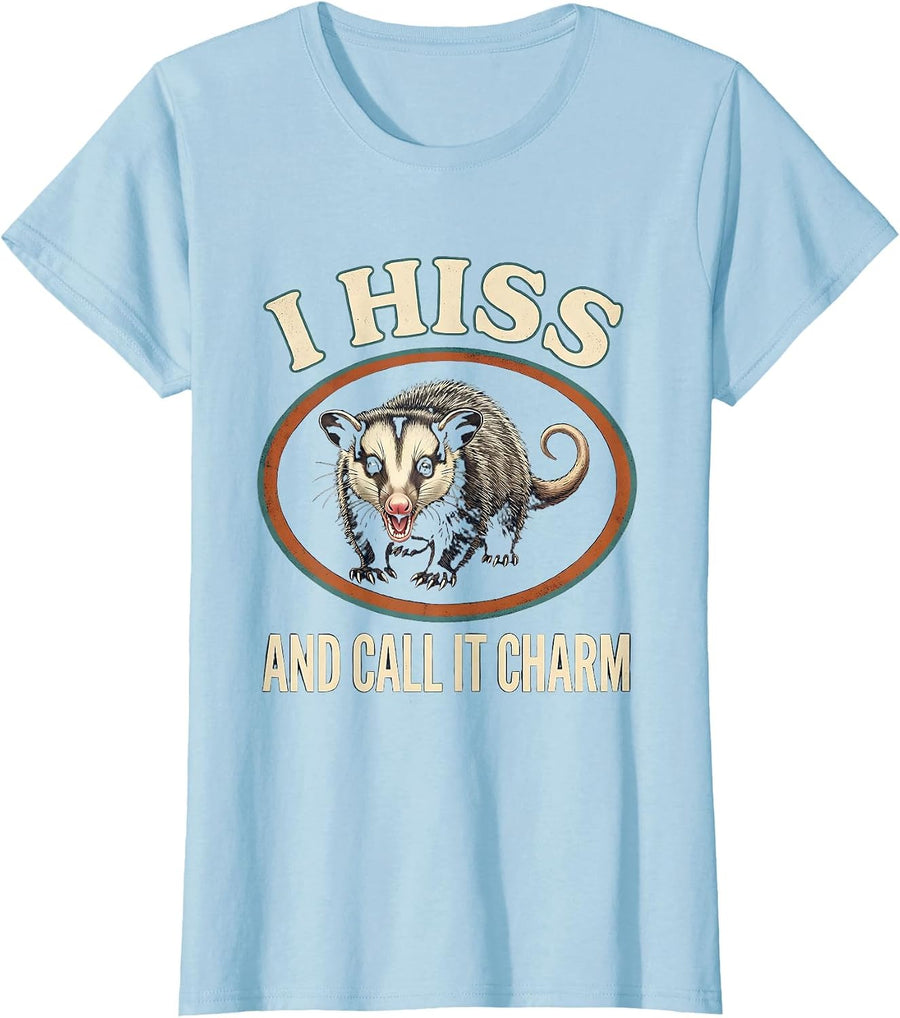 Women's I Hiss And Call It Charm Funny Opossum Vintage Animal Meme T-Shirt - Baby Blue