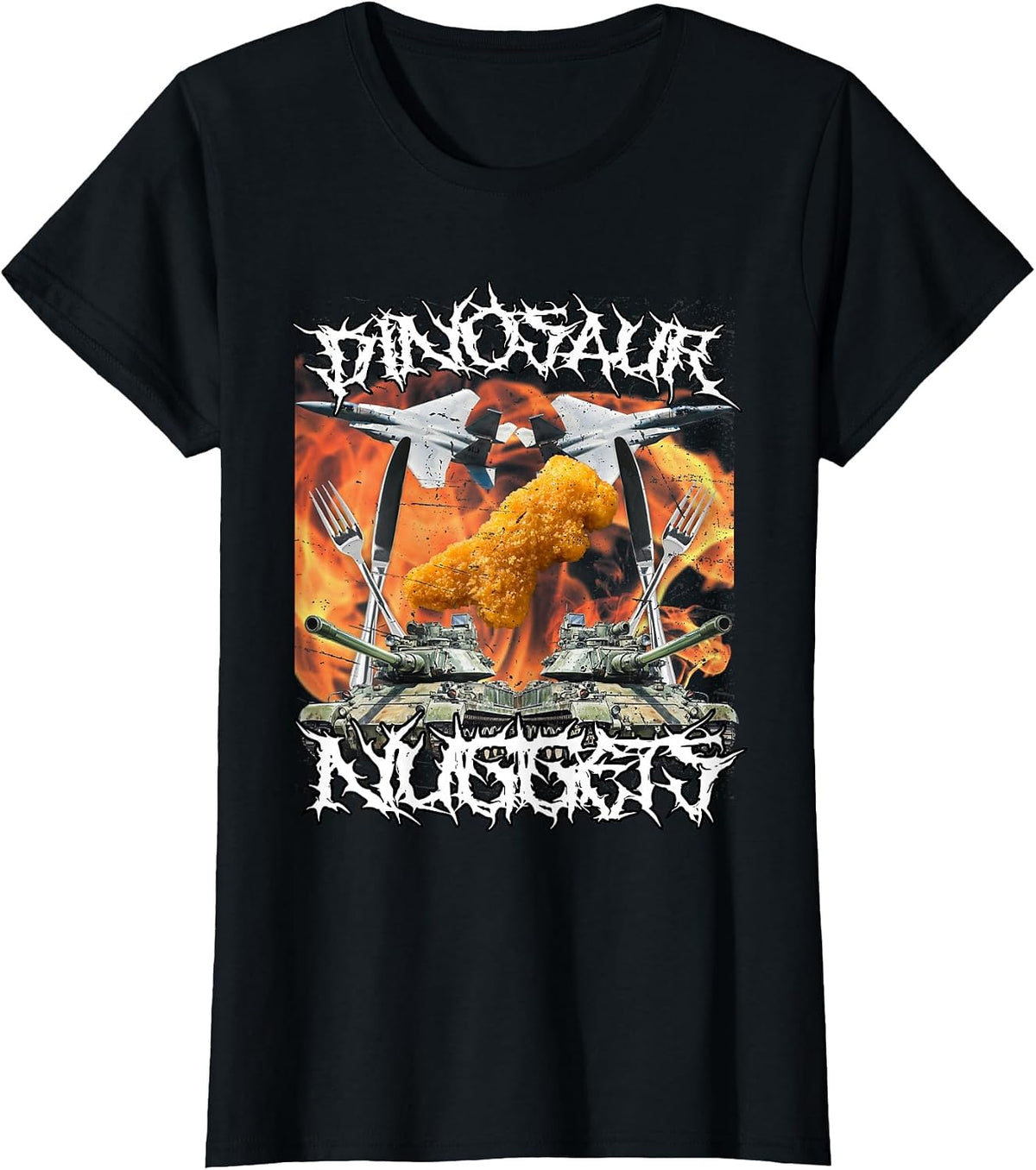 Funny Dinosaur Chicken Nugget Bootleg Hardcore Flames Meme T-Shirt - Black