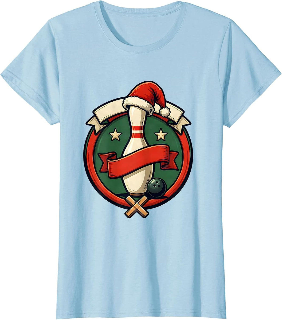Women's Bowling Pin Santa Hat Christmas Humor Team Player T-Shirt - Baby Blue