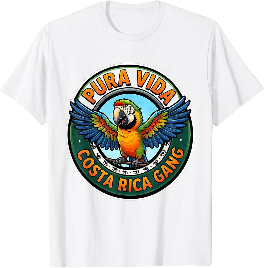 Men's Pura Vida Costa Rica Gang Cartoon Macaw Travel Souvenir T-Shirt - White