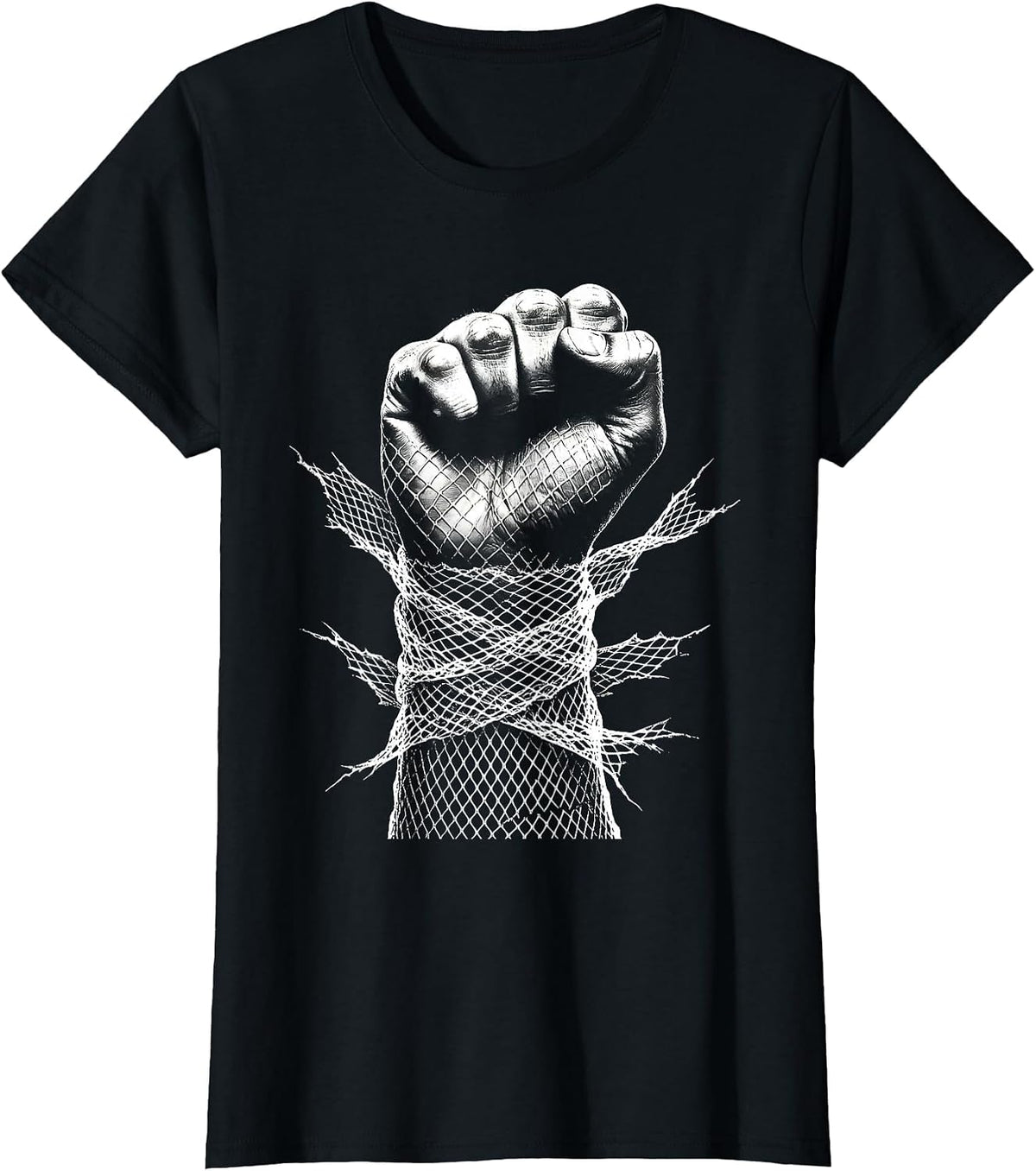 Punk Fishnet Fist Graphic Design T-Shirt - Black